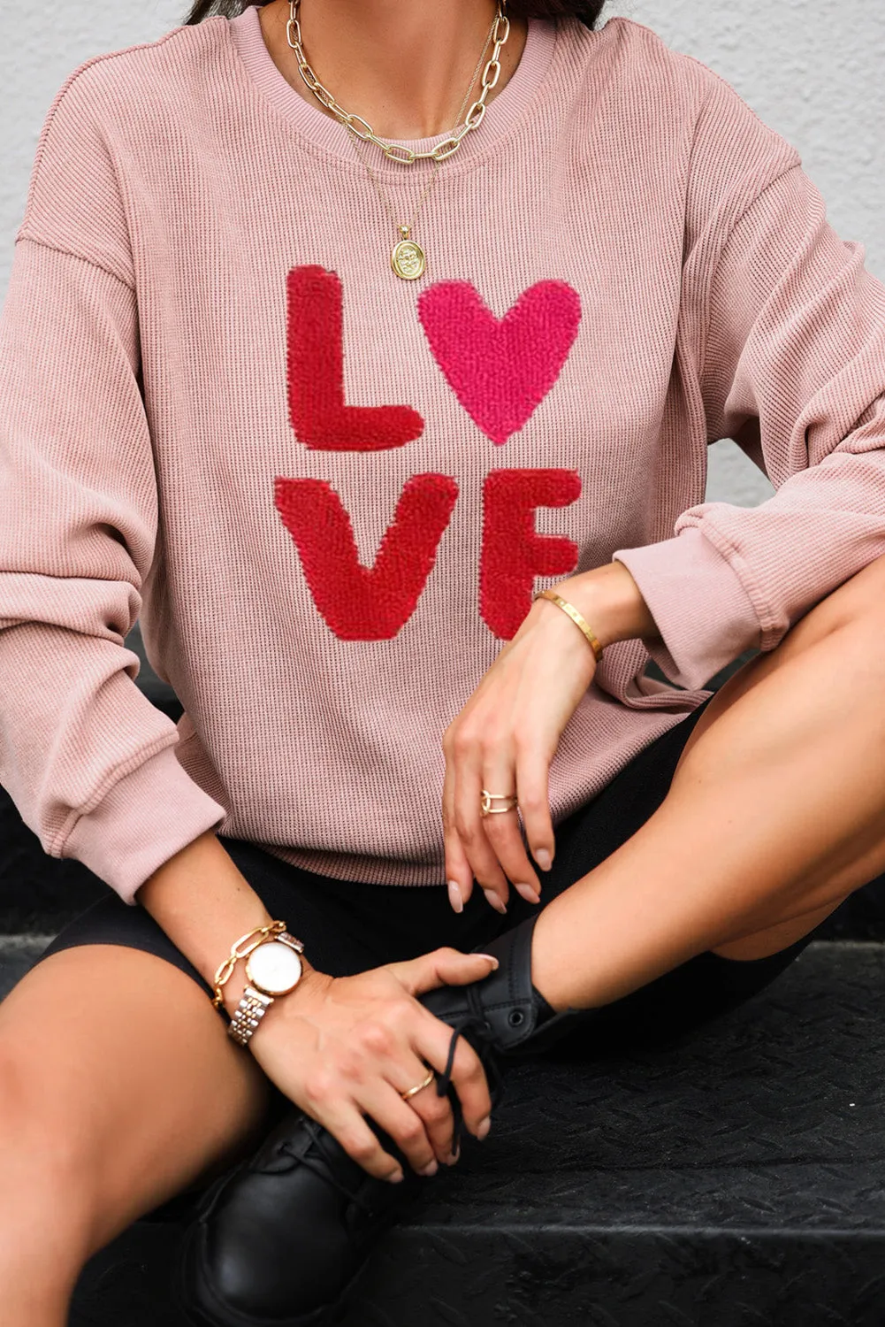 Love Sweatshirt Women Valentine's Day Embroidered Long Sleeve Corded Tops