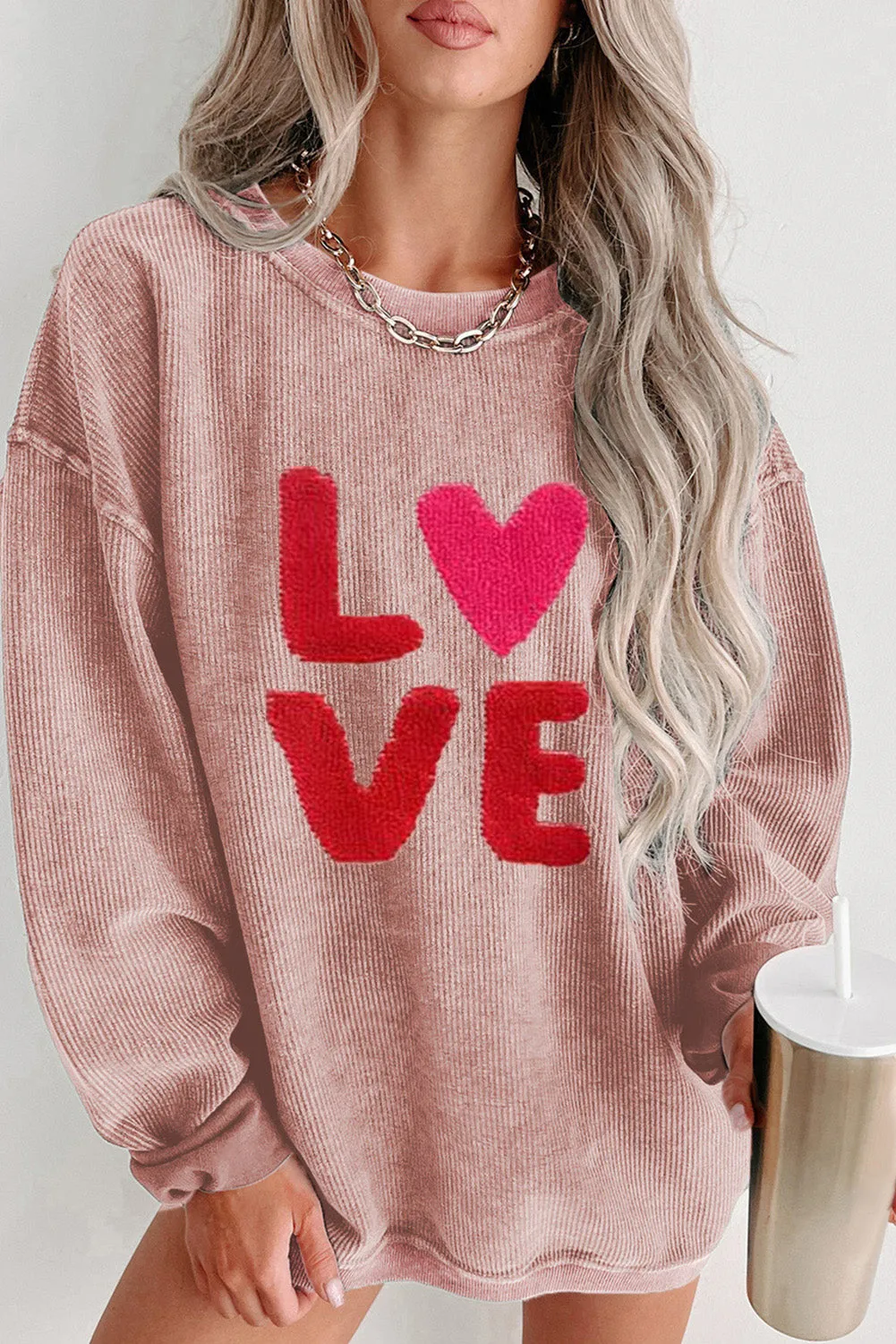 Love Sweatshirt Women Valentine's Day Embroidered Long Sleeve Corded Tops