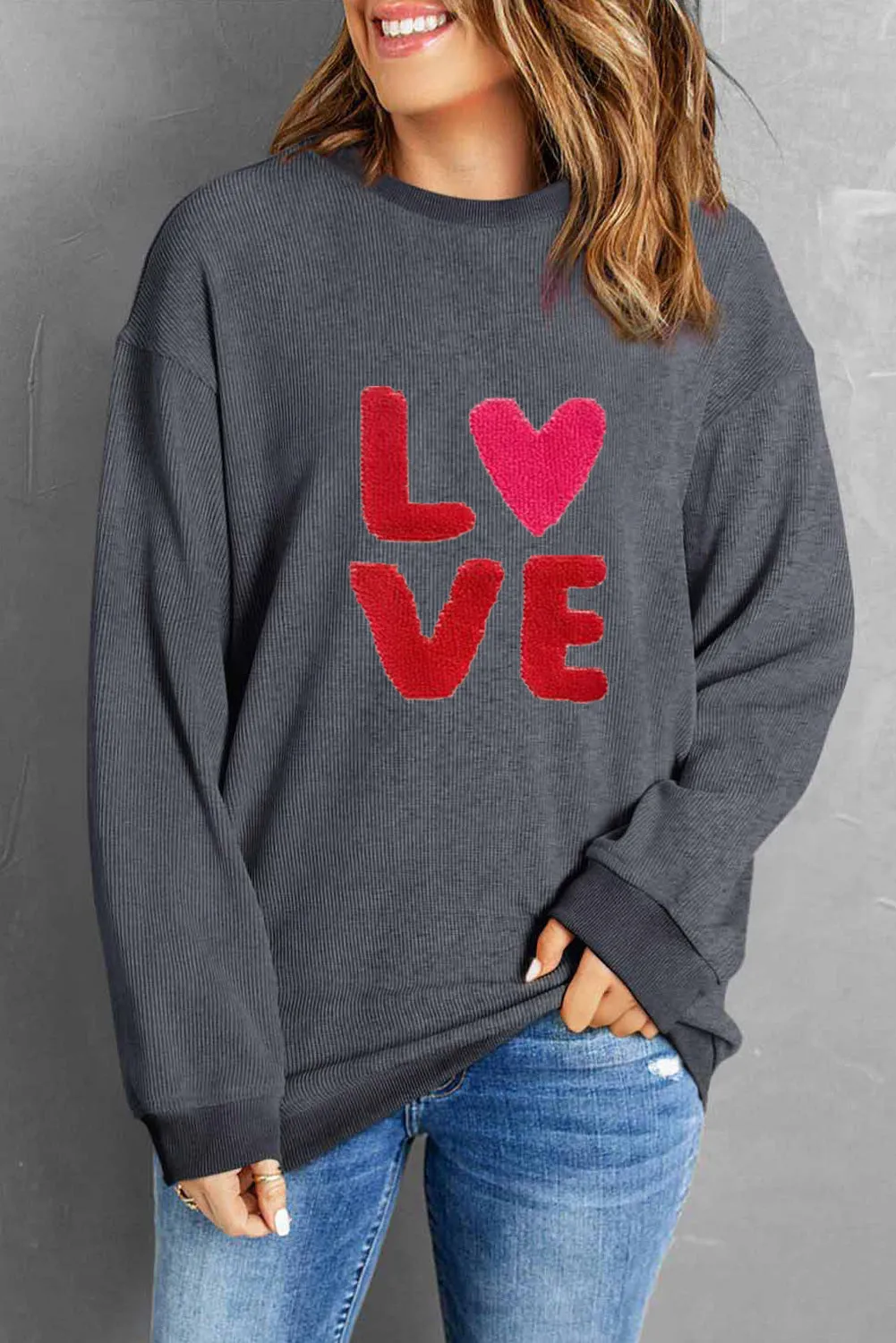 Love Sweatshirt Women Valentine's Day Embroidered Long Sleeve Corded Tops