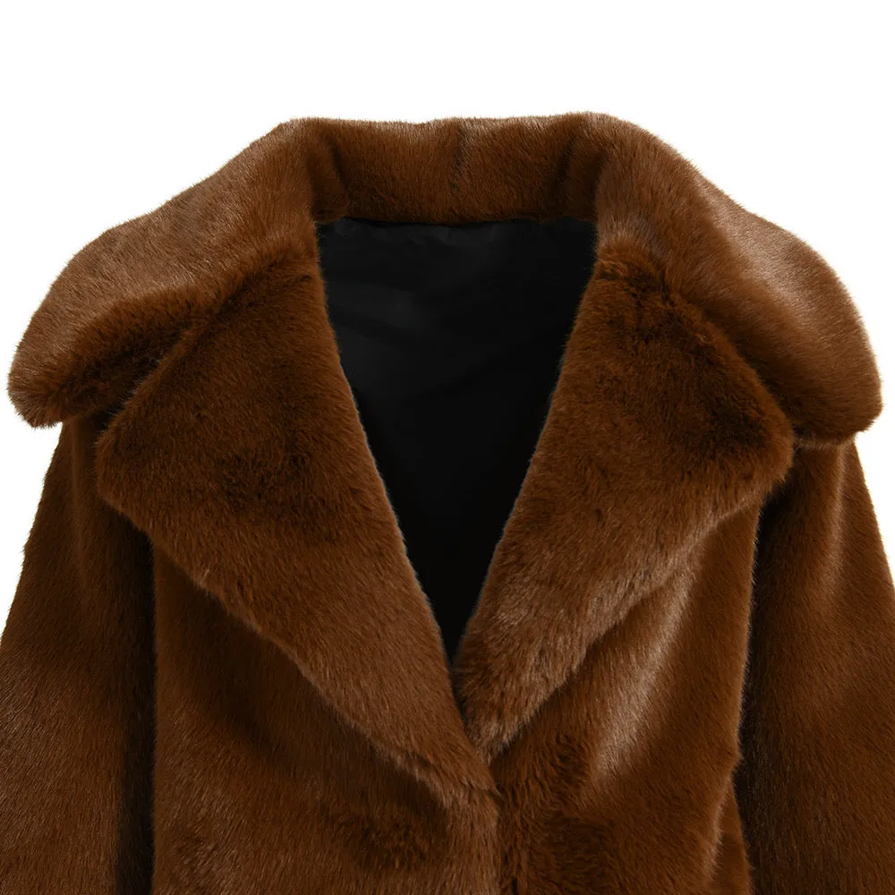 Luxury Brown Faux Mink Fur Coat