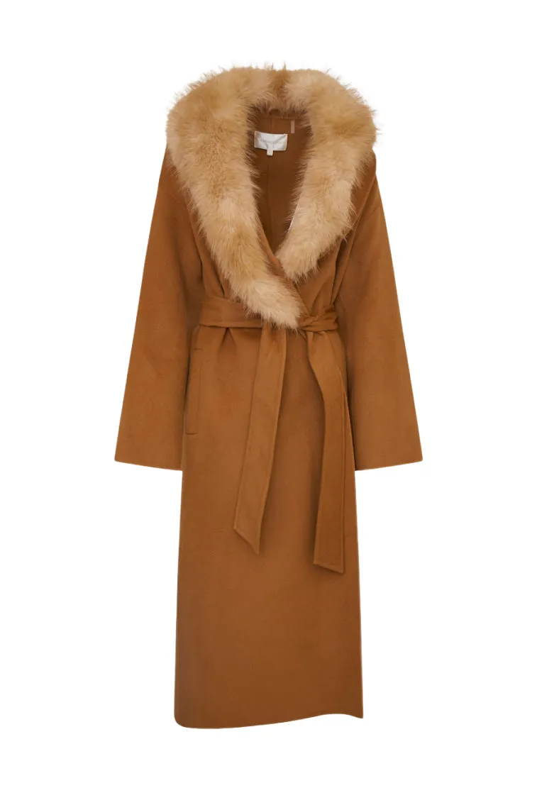 Mahika Wool-Cashmere Faux Fur Collar Coat - CAMEL