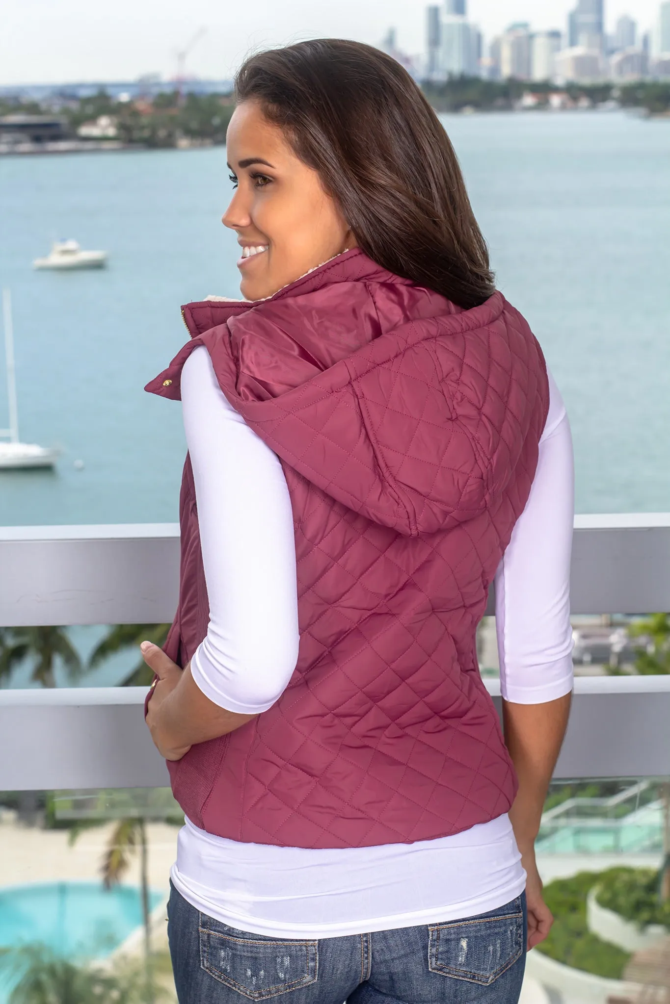 Maroon Quilted Vest with Fur Collar