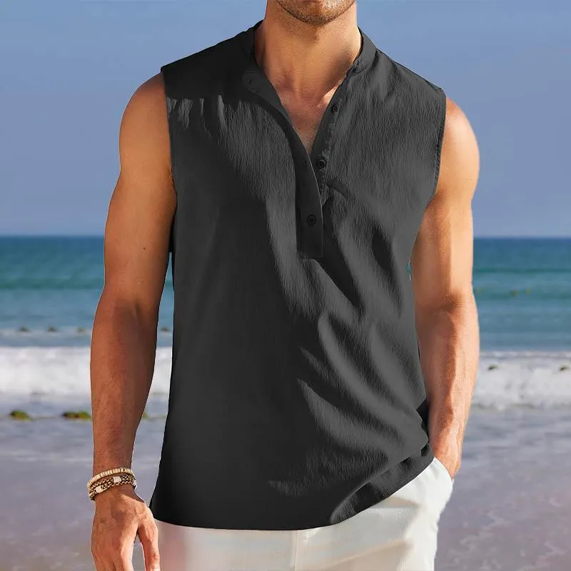 Men Casual Sleeveless Beach Henley Shirts 86452373YY