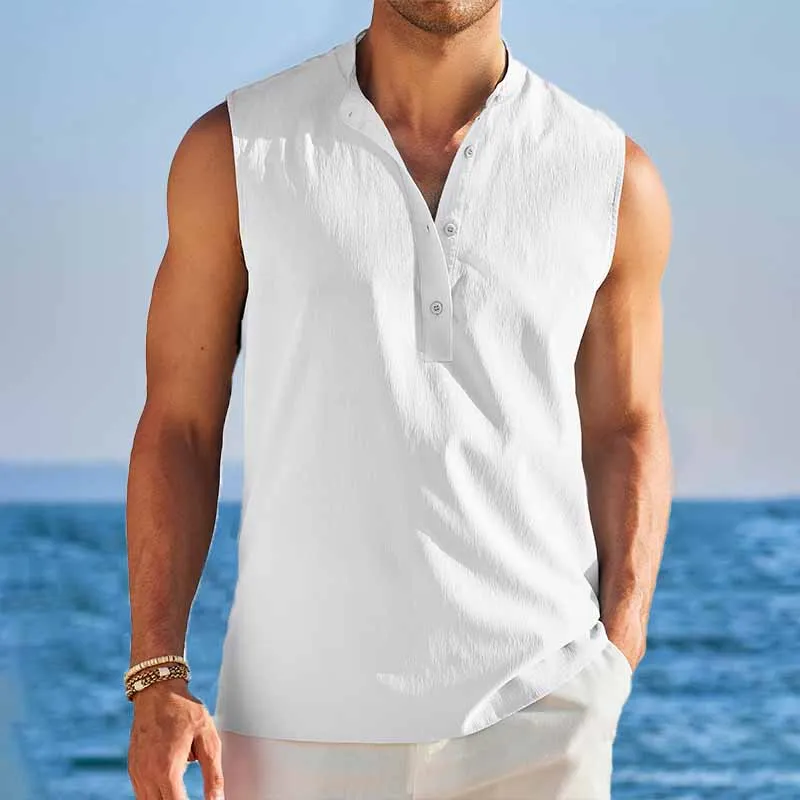 Men Casual Sleeveless Beach Henley Shirts 86452373YY