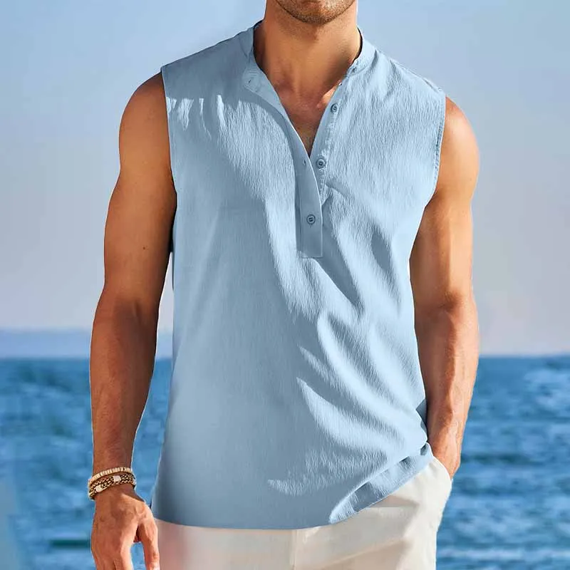 Men Casual Sleeveless Beach Henley Shirts 86452373YY