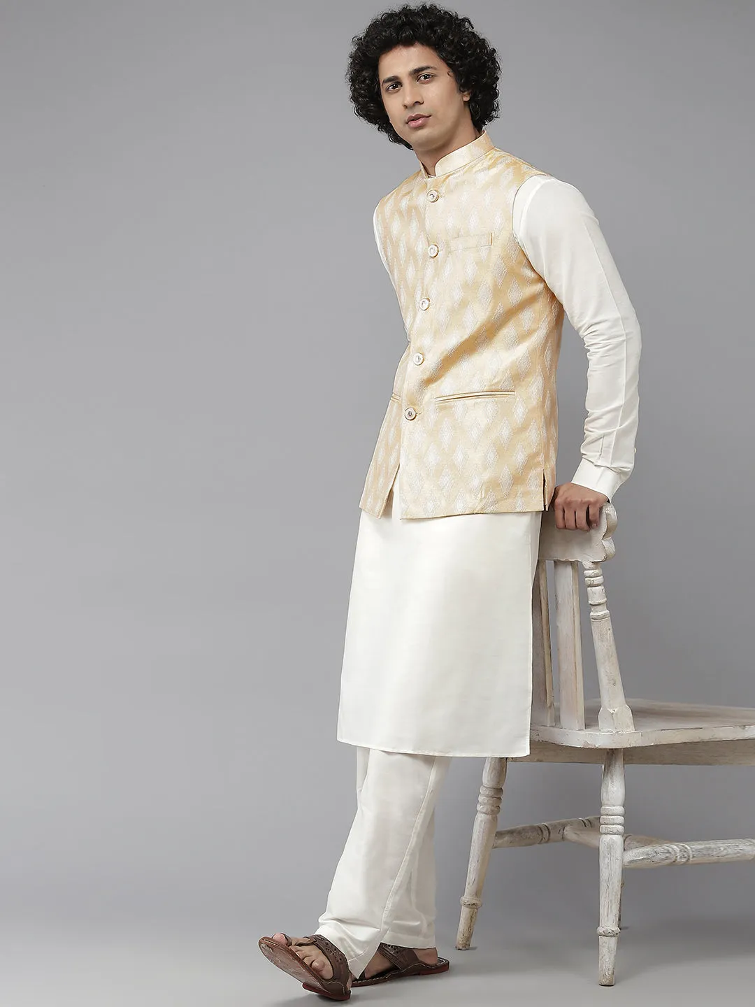 Men Gold & White Woven Jacquard Neharu Jacket