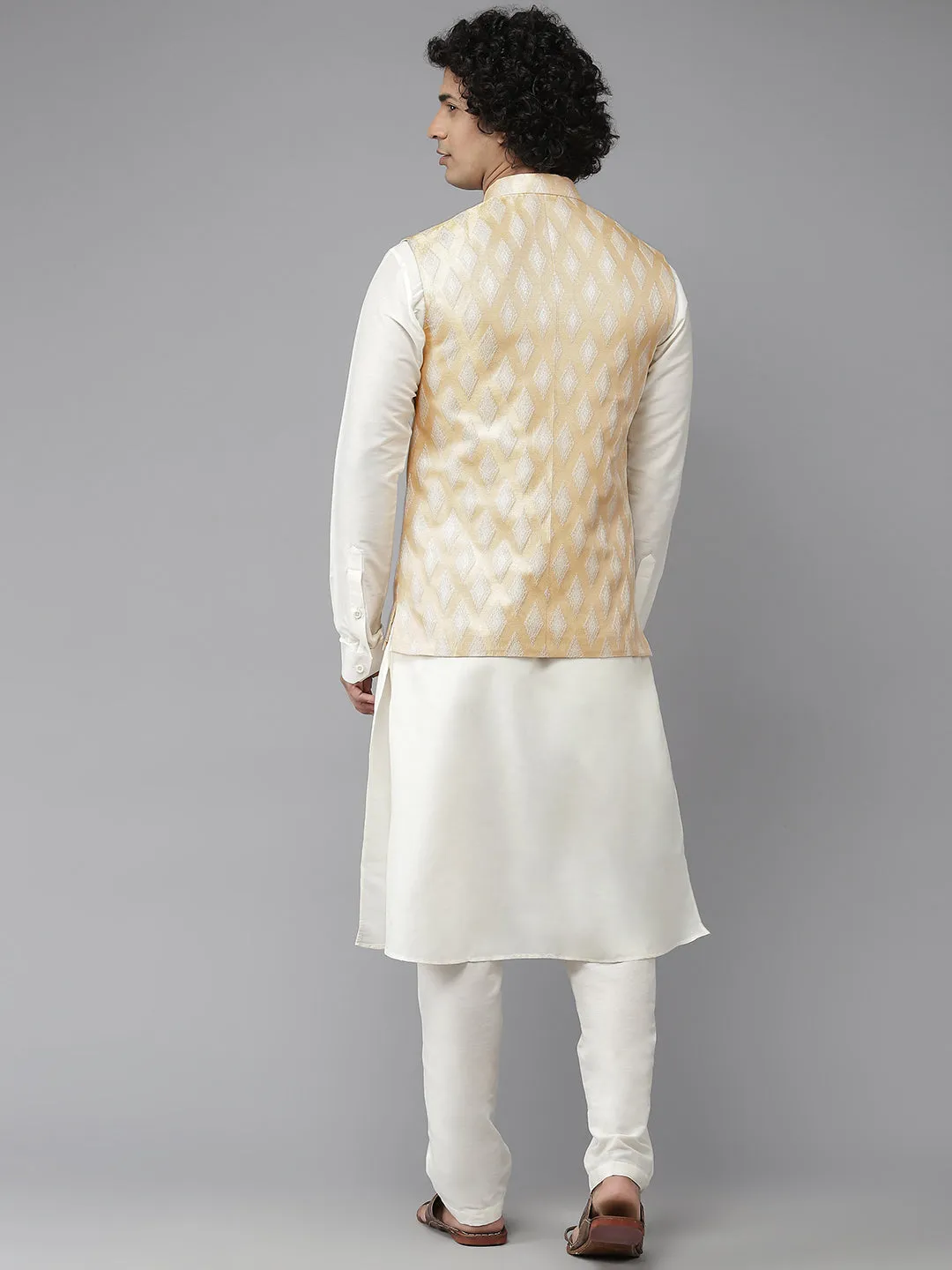 Men Gold & White Woven Jacquard Neharu Jacket