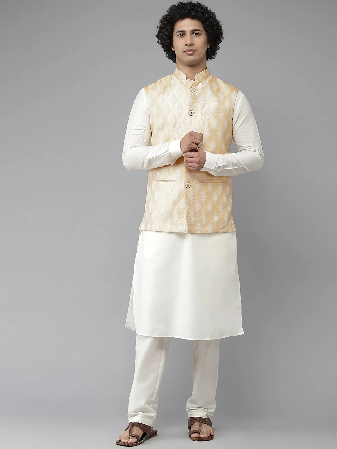 Men Gold & White Woven Jacquard Neharu Jacket