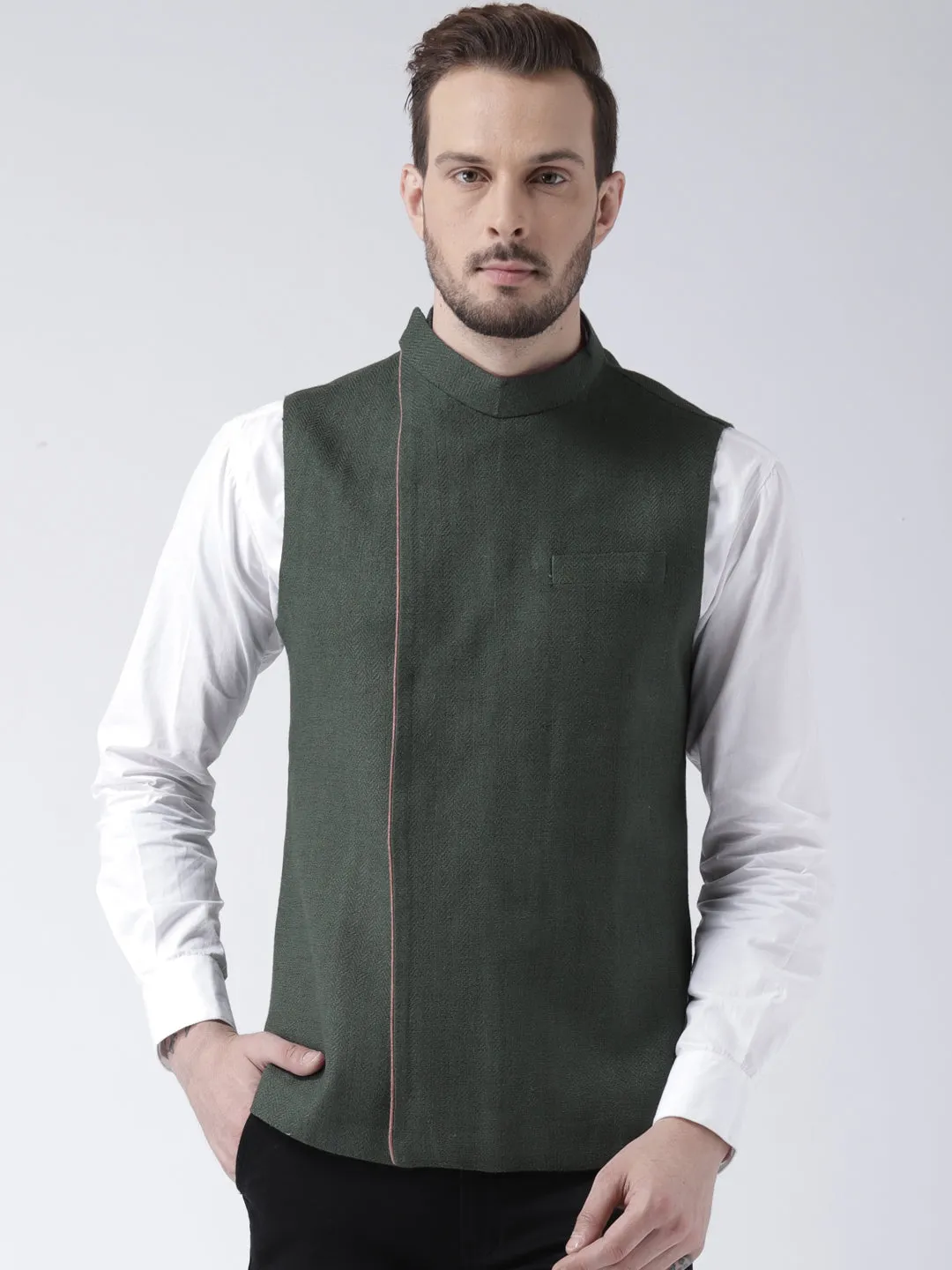 Men Olive Green Waistcoat (Set of 1)