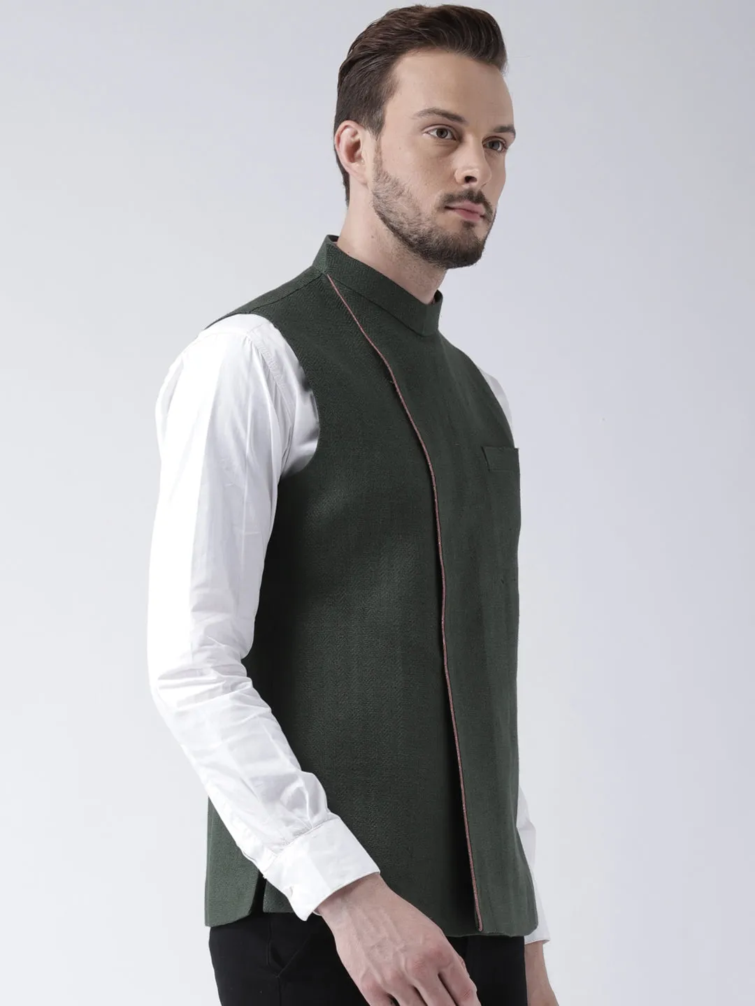 Men Olive Green Waistcoat (Set of 1)