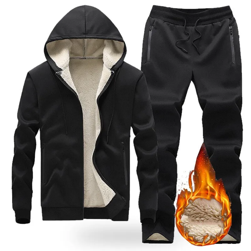 Men Winter Thick  Casual Jacket   Sweatpants 2 Pieces Set