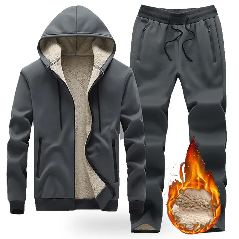 Men Winter Thick  Casual Jacket   Sweatpants 2 Pieces Set