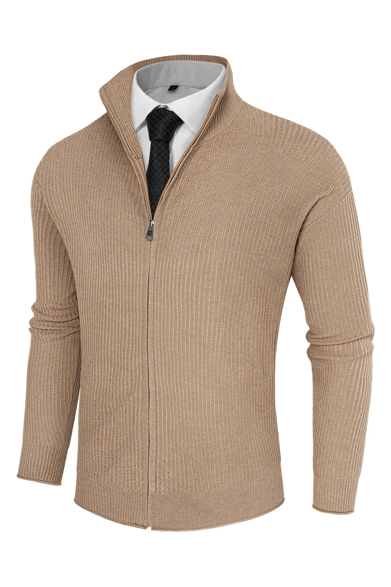 Men Zip-up Cardigan Long Sleeve Stand Collar Dropped Shoulder Sweater