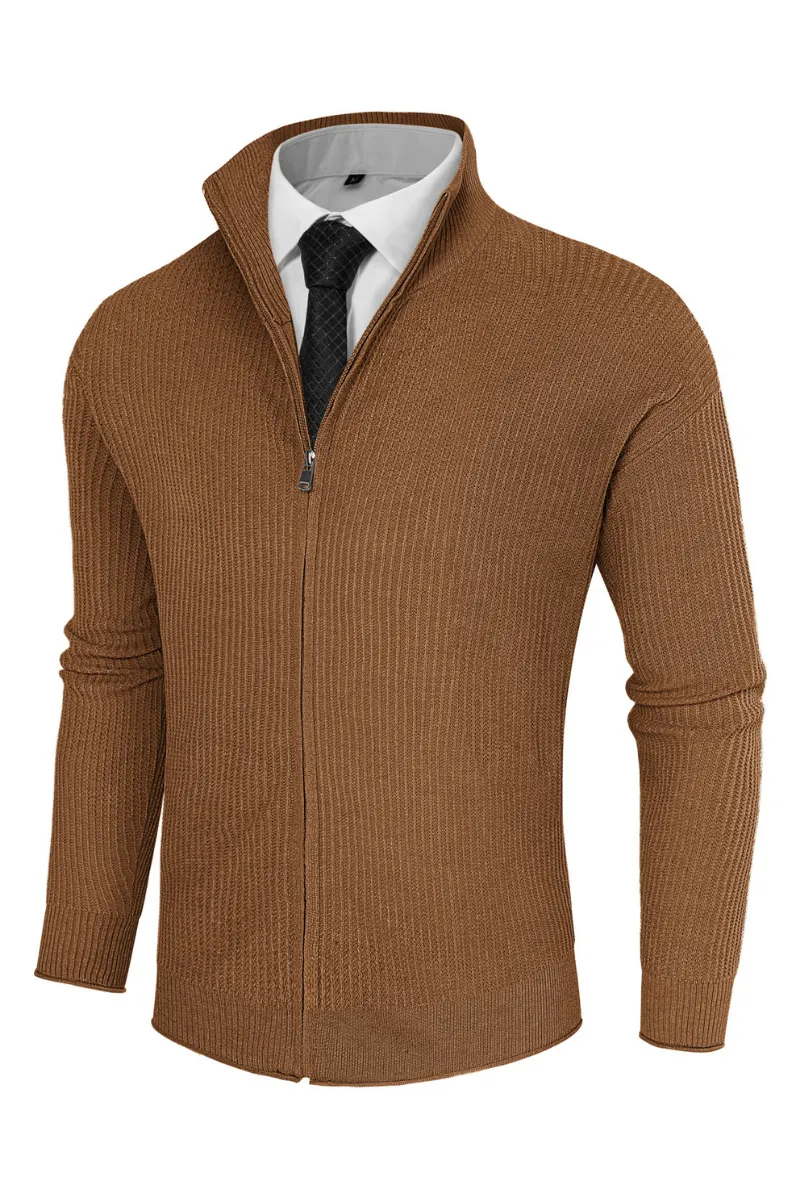 Men Zip-up Cardigan Long Sleeve Stand Collar Dropped Shoulder Sweater