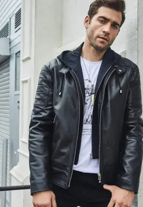 Men's Black Leather Removable Hood Biker Jacket