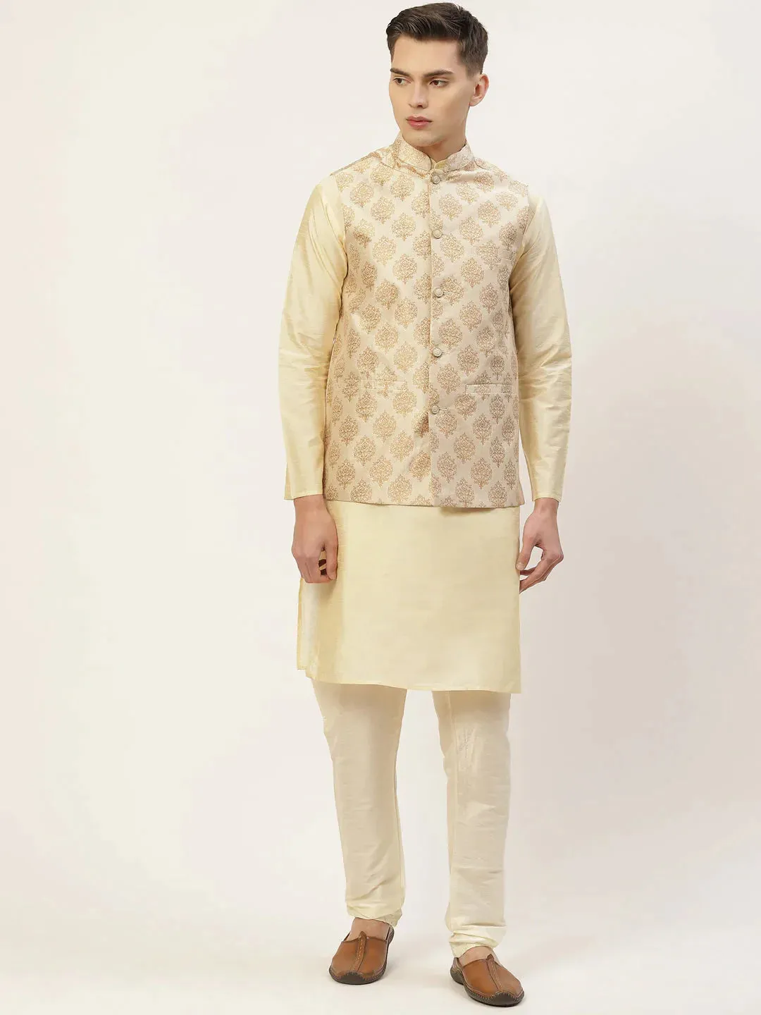 Men'S Cream Printed Nehru Jacket