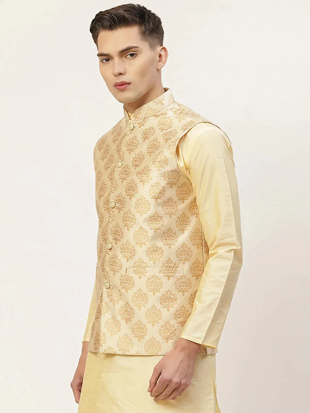 Men'S Cream Printed Nehru Jacket