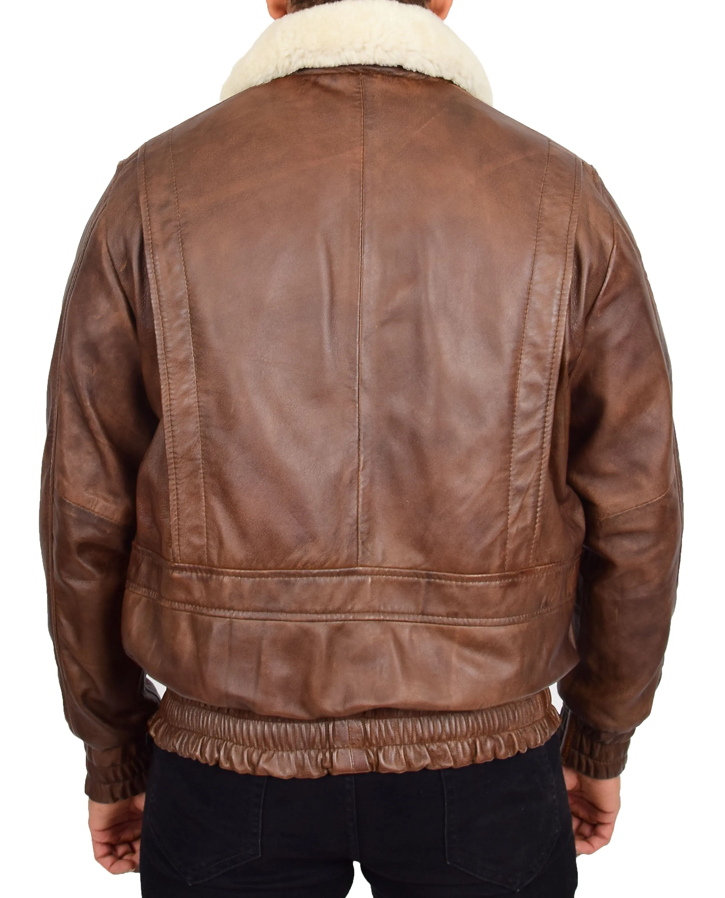 Mens Genuine Leather Pilot Jacket Cognac Flight Aviator Sheepskin Collar Bomber Blaze