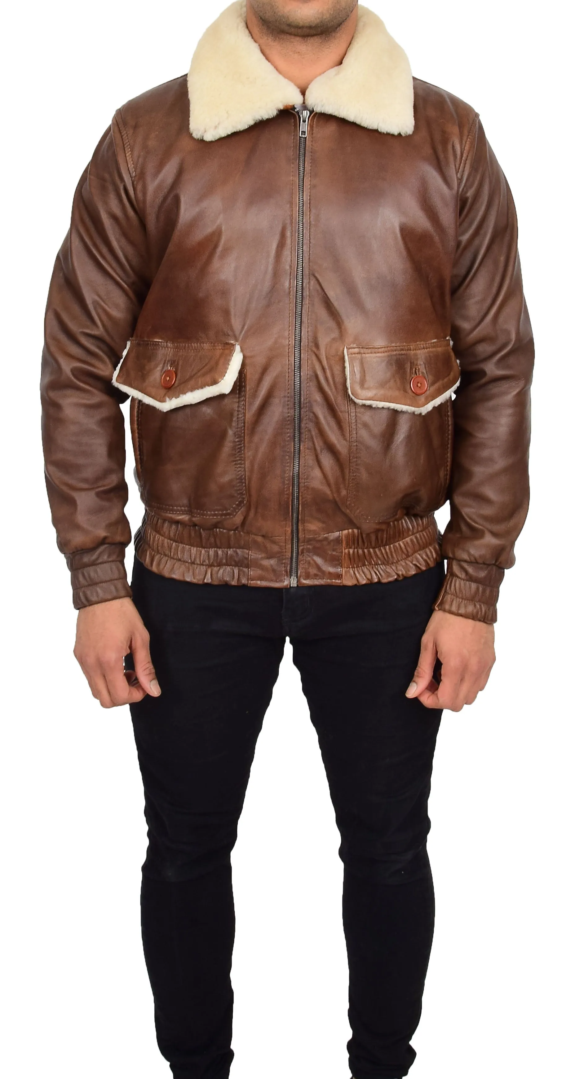 Mens Genuine Leather Pilot Jacket Cognac Flight Aviator Sheepskin Collar Bomber Blaze