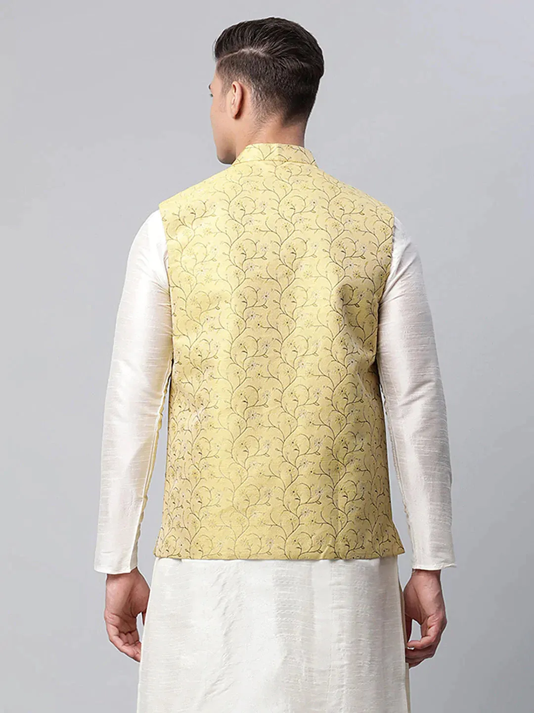 Men'S Lemon Printed Textured Nehru Jacket