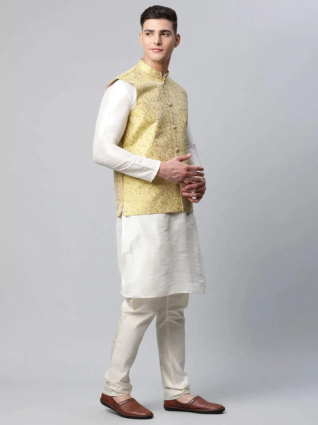 Men'S Lemon Printed Textured Nehru Jacket