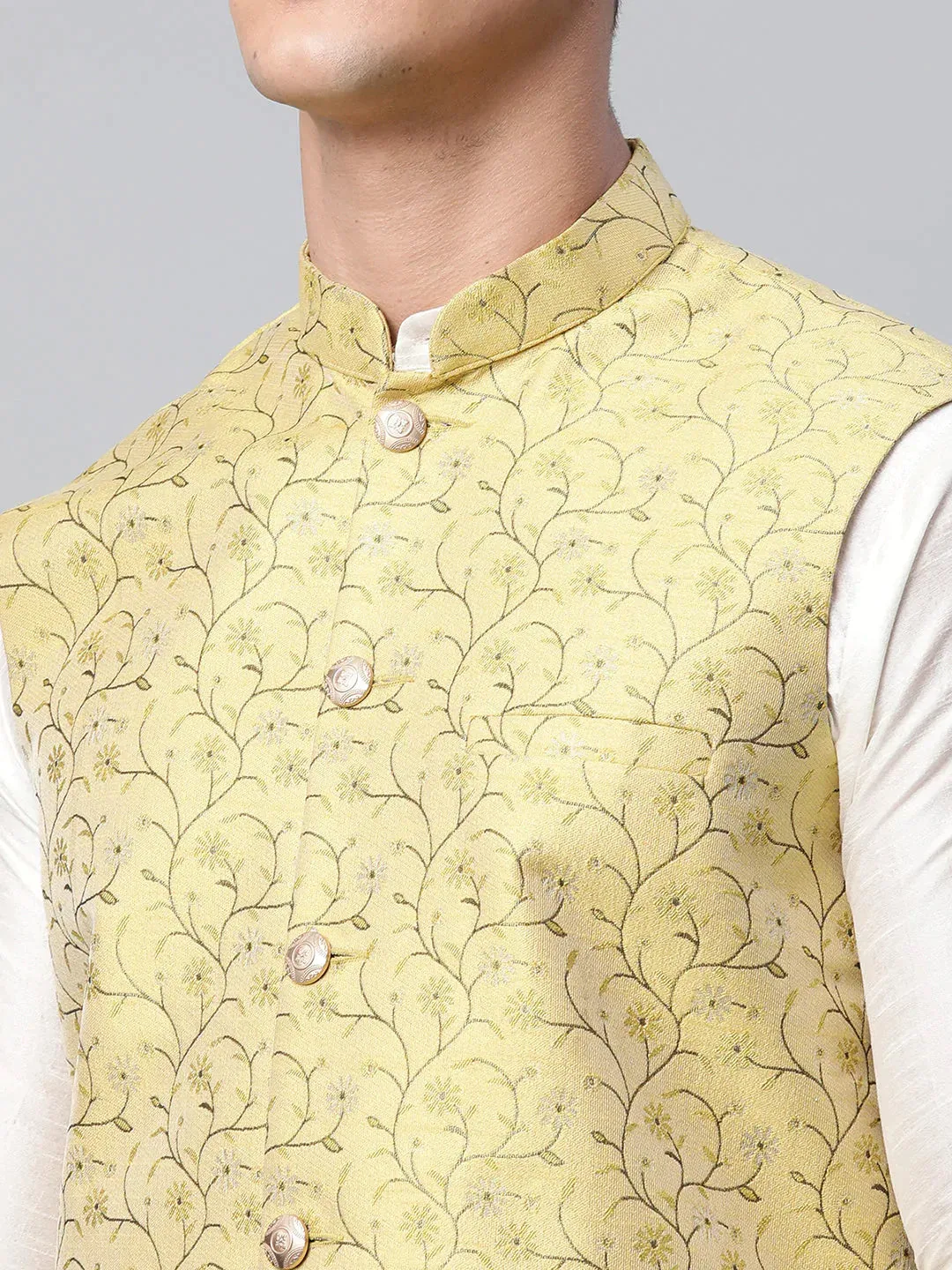 Men'S Lemon Printed Textured Nehru Jacket