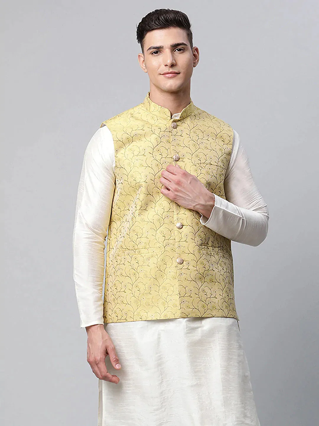 Men'S Lemon Printed Textured Nehru Jacket