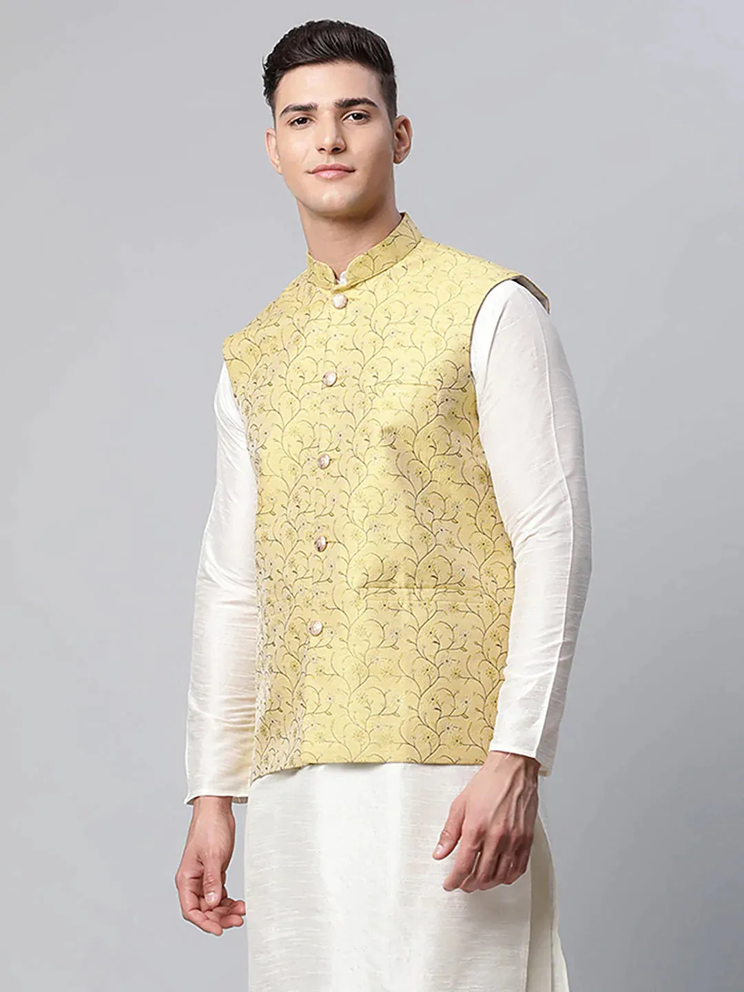 Men'S Lemon Printed Textured Nehru Jacket