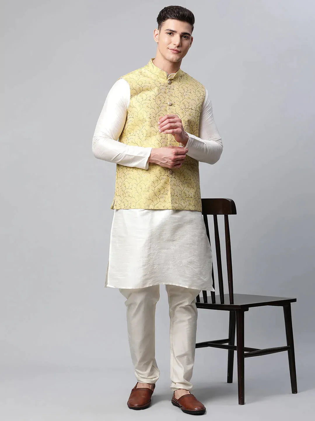 Men'S Lemon Printed Textured Nehru Jacket