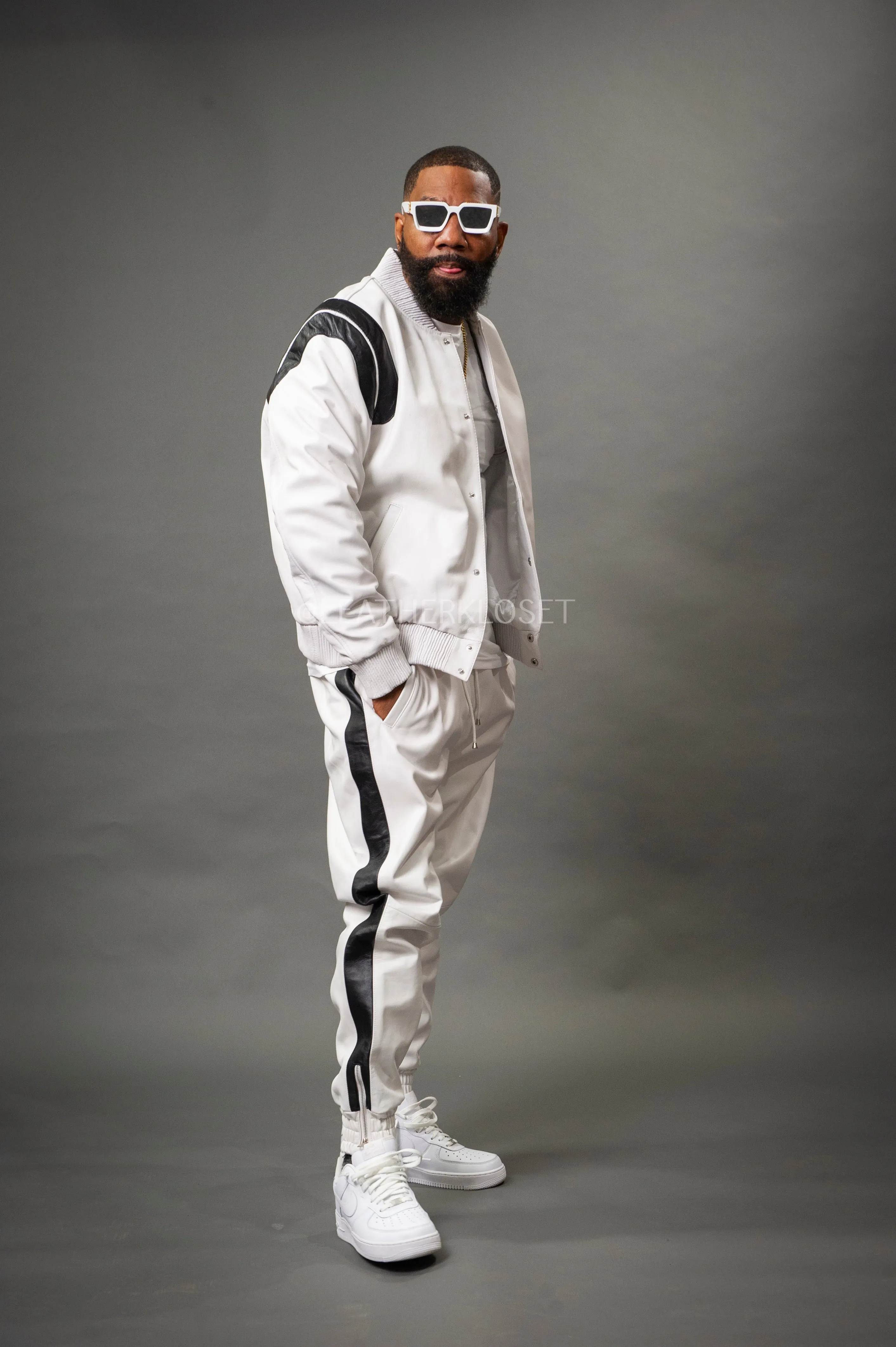 Men's Liam Leather Track Suit [White/Black]