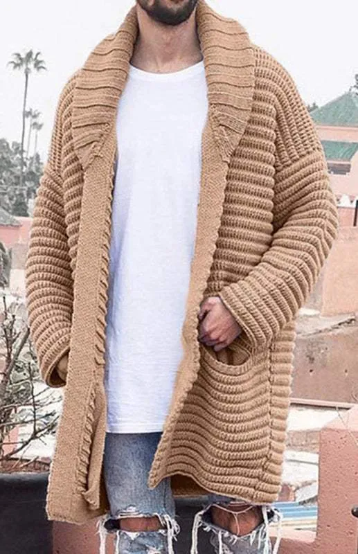 Men's Mid-Length Cardigan Lapel Long Sleeve Knitted Jacket