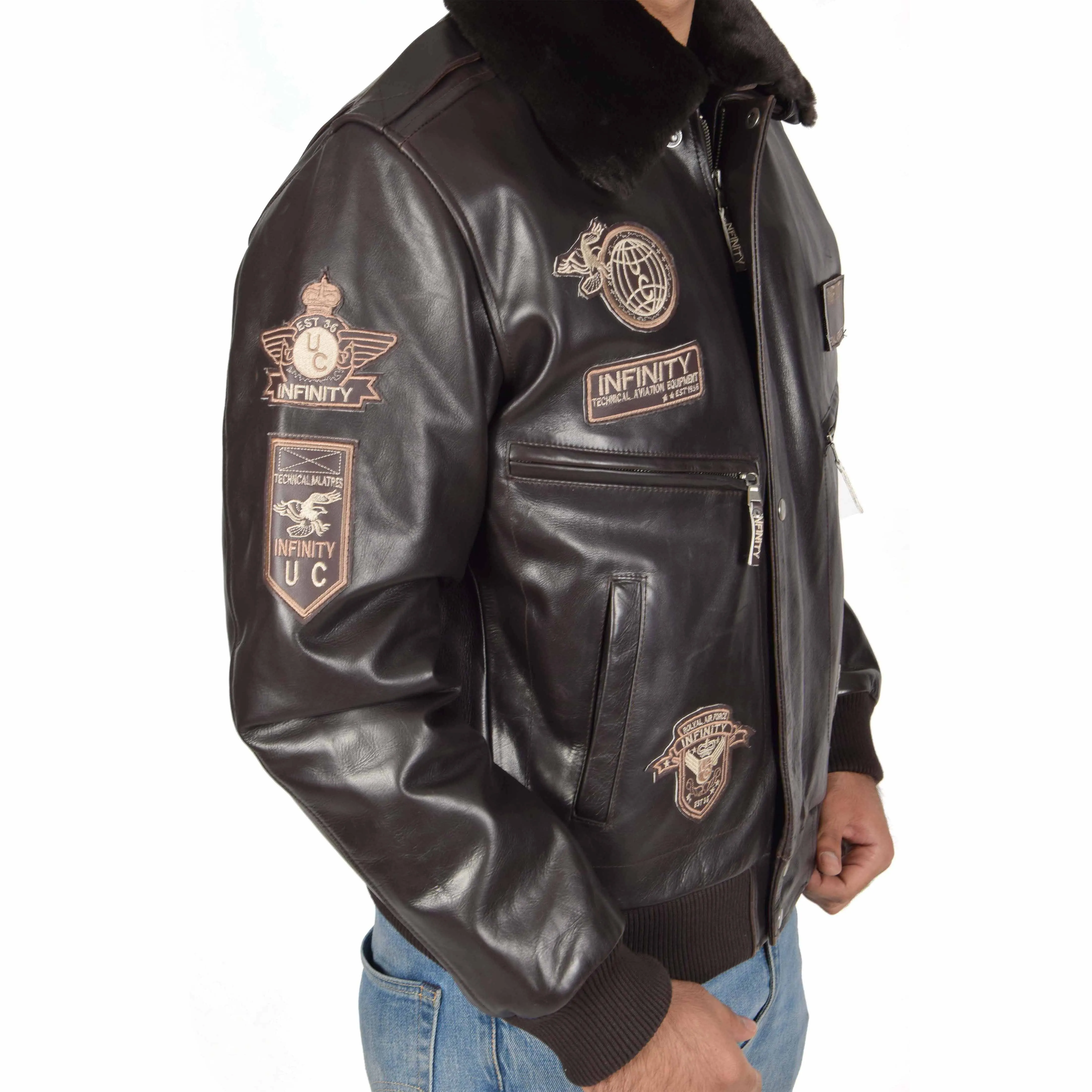 Mens Pilot Leather Jacket Air Force Badges Bomber Luca Brown