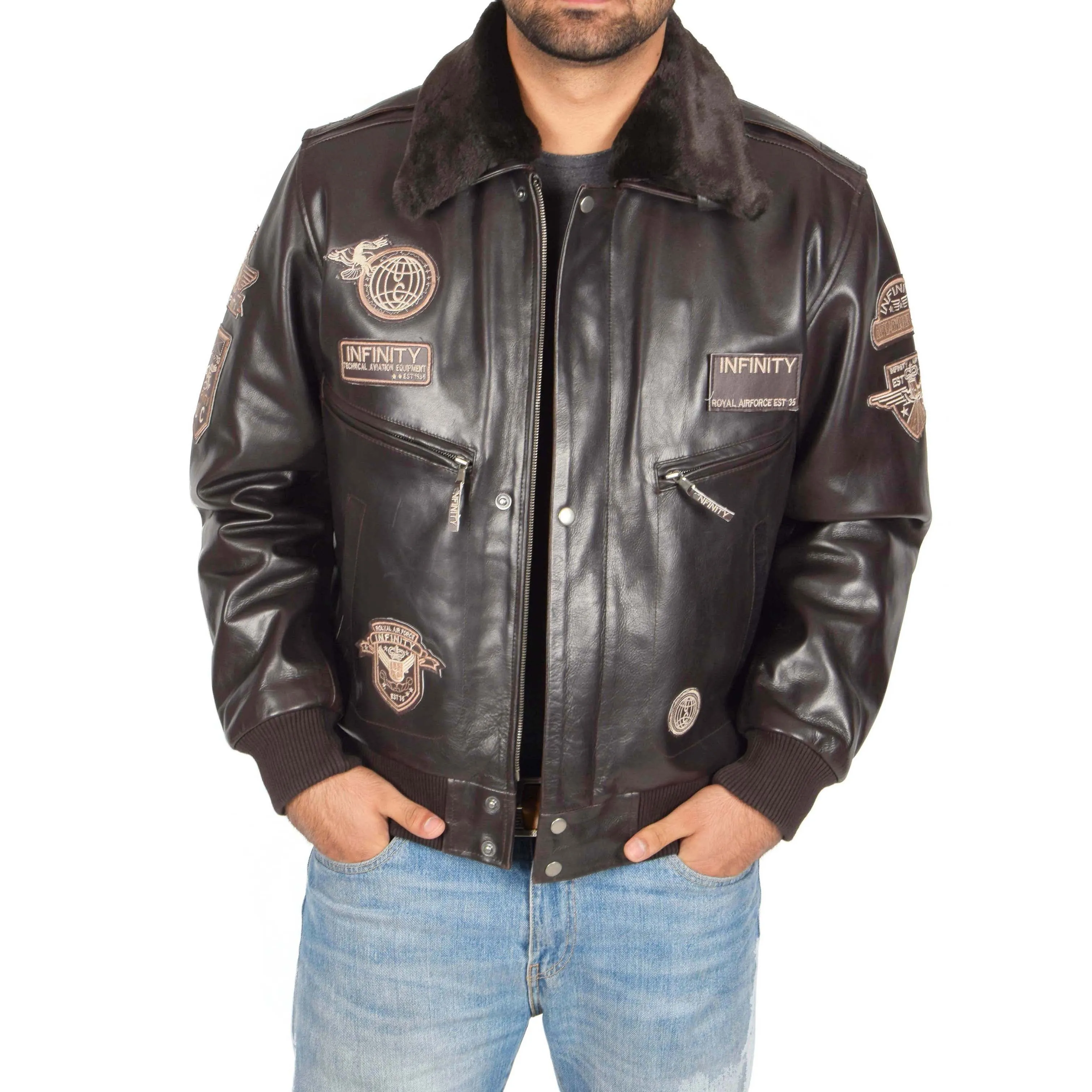 Mens Pilot Leather Jacket Air Force Badges Bomber Luca Brown