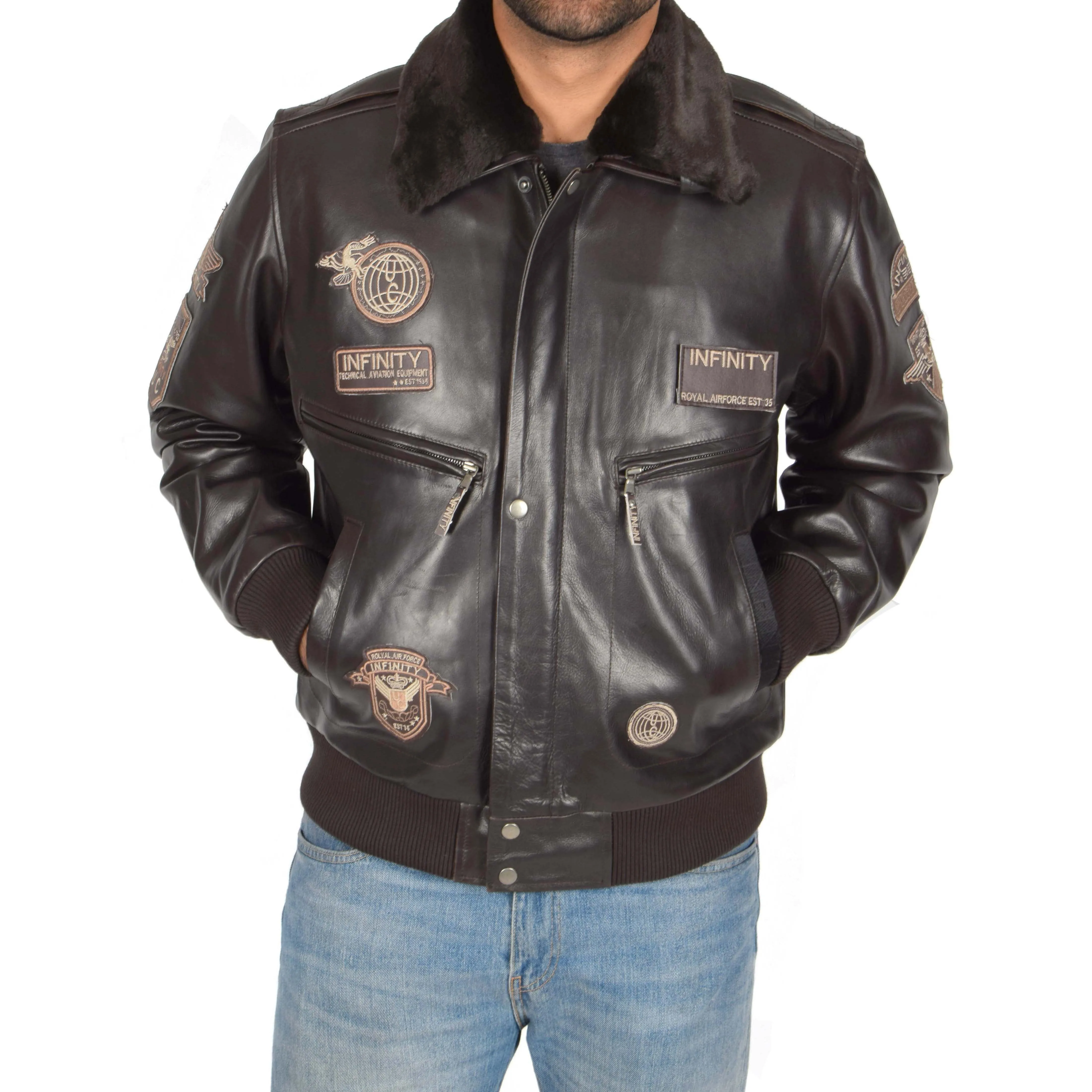 Mens Pilot Leather Jacket Air Force Badges Bomber Luca Brown