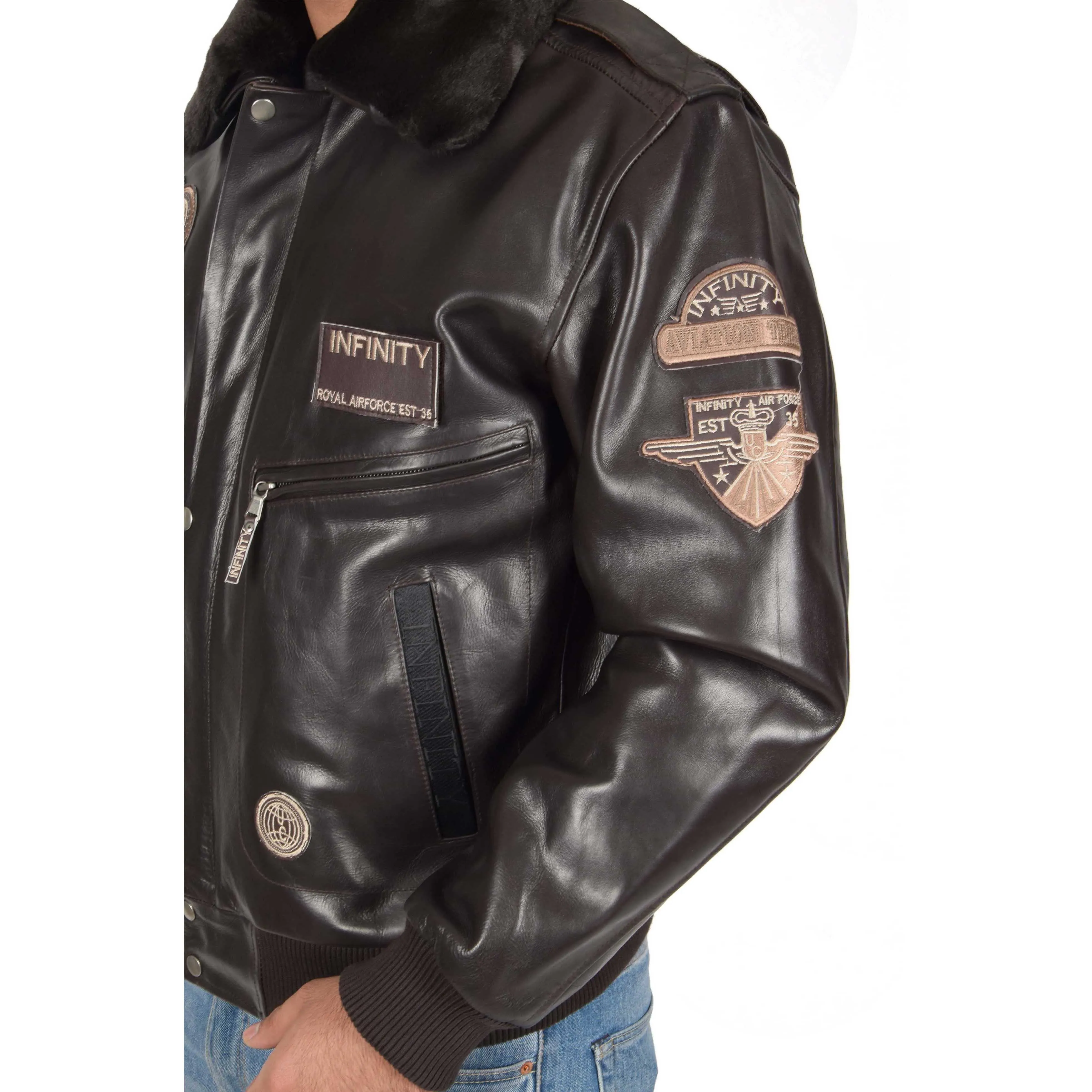 Mens Pilot Leather Jacket Air Force Badges Bomber Luca Brown