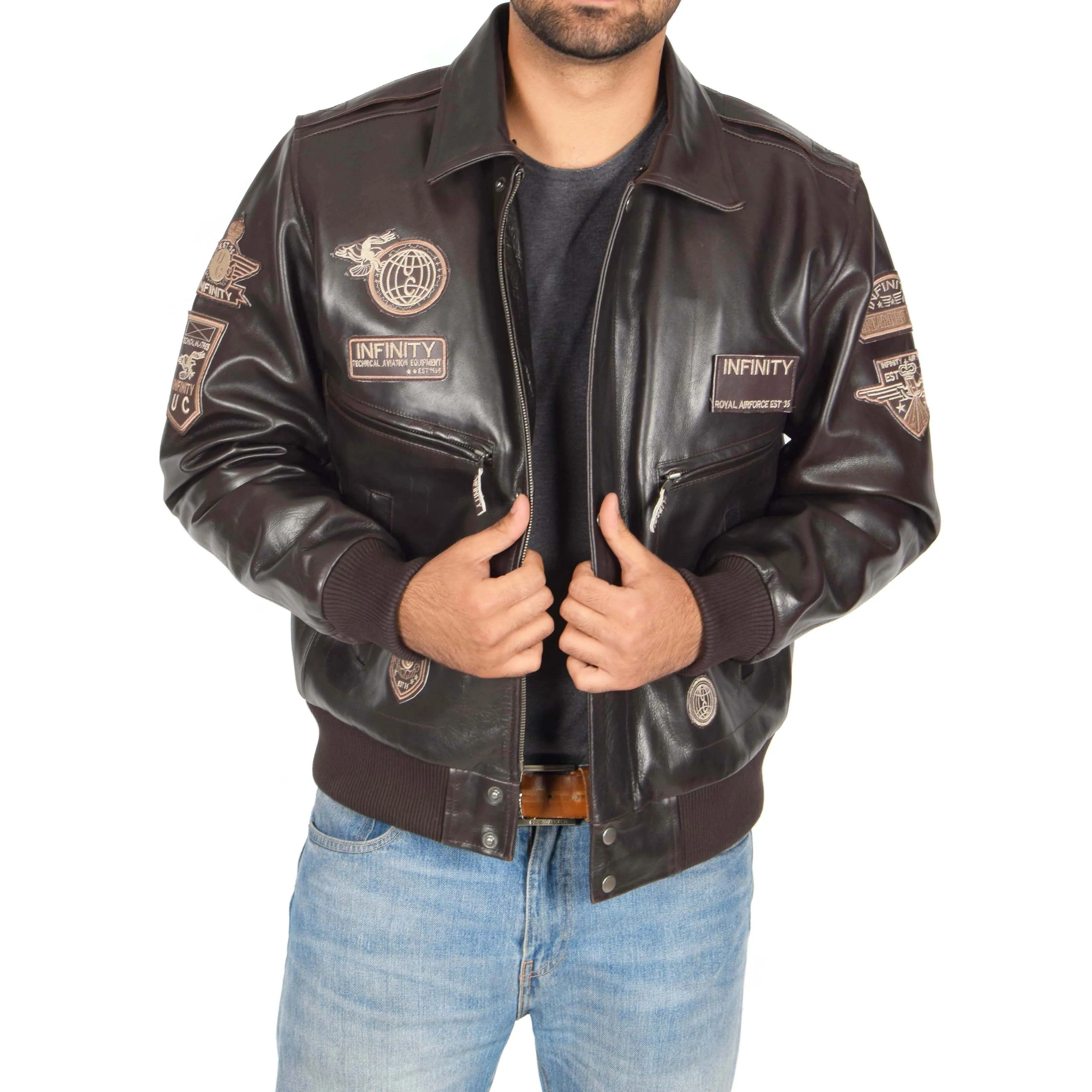 Mens Pilot Leather Jacket Air Force Badges Bomber Luca Brown