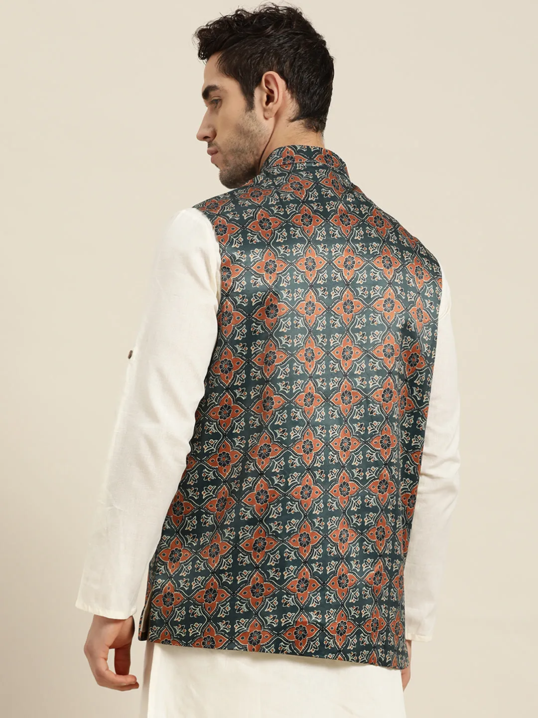 Men's Silk Blend Botell Green Printed ONLY Nehru Jacket - Sojanya