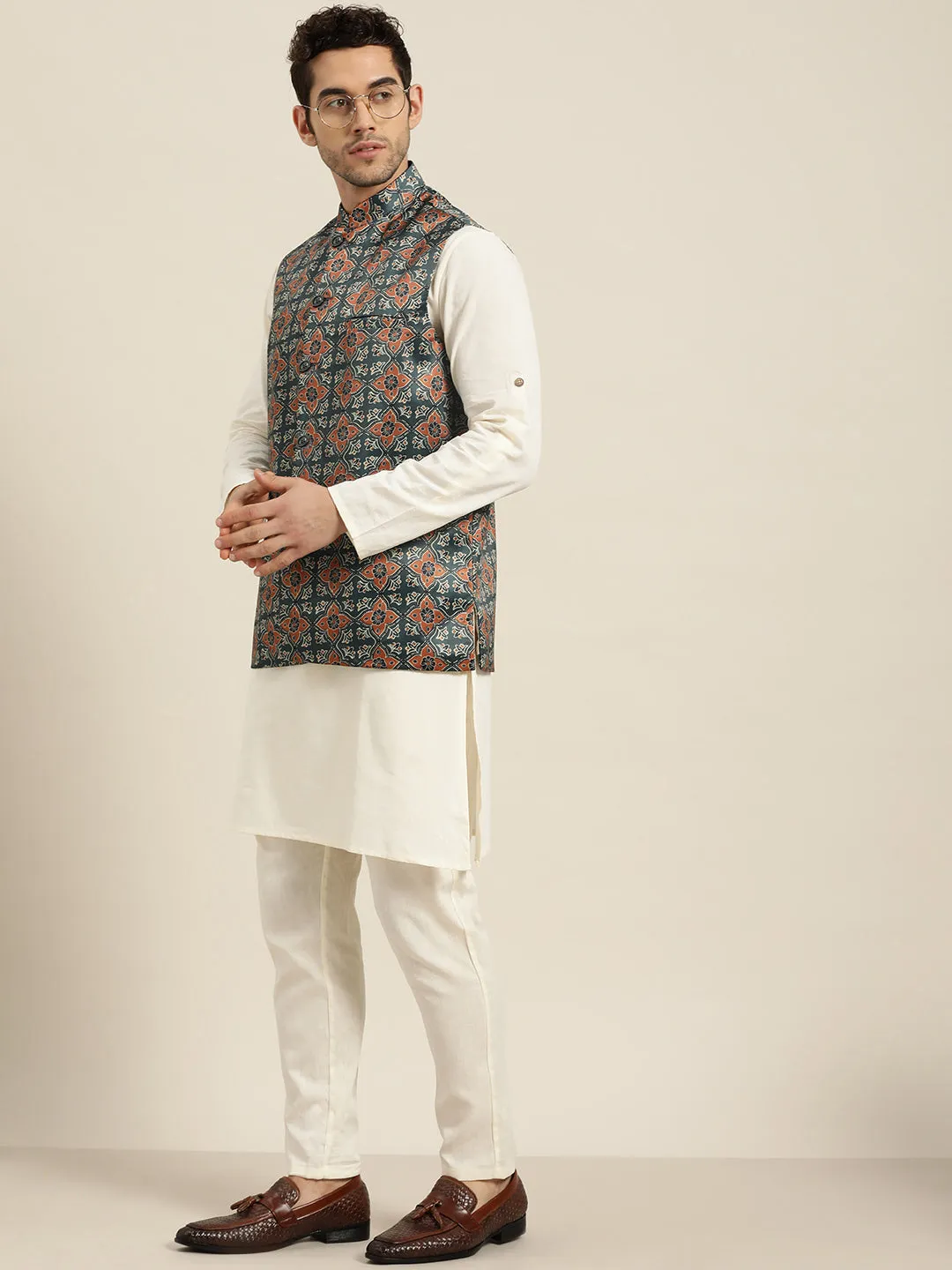 Men's Silk Blend Botell Green Printed ONLY Nehru Jacket - Sojanya