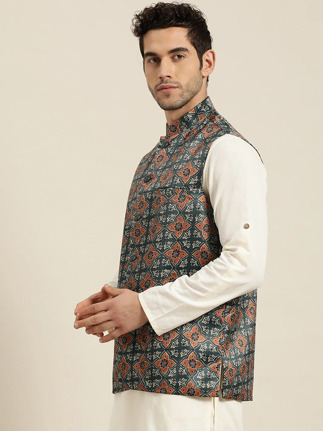 Men's Silk Blend Botell Green Printed ONLY Nehru Jacket - Sojanya