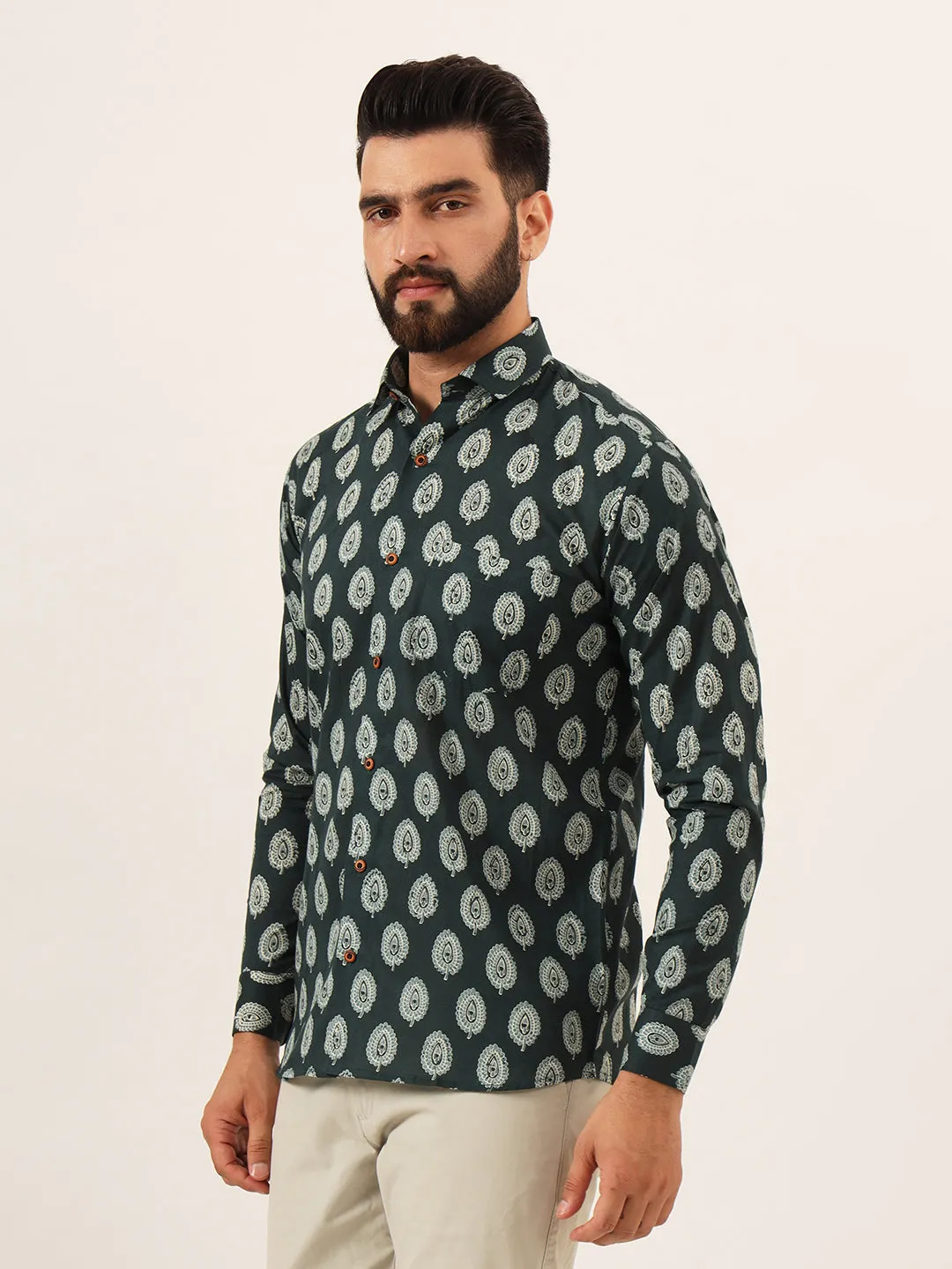 MILLENNIAL MEN Dark Green Printed Pure Cotton Regular Fit Casual Shirt