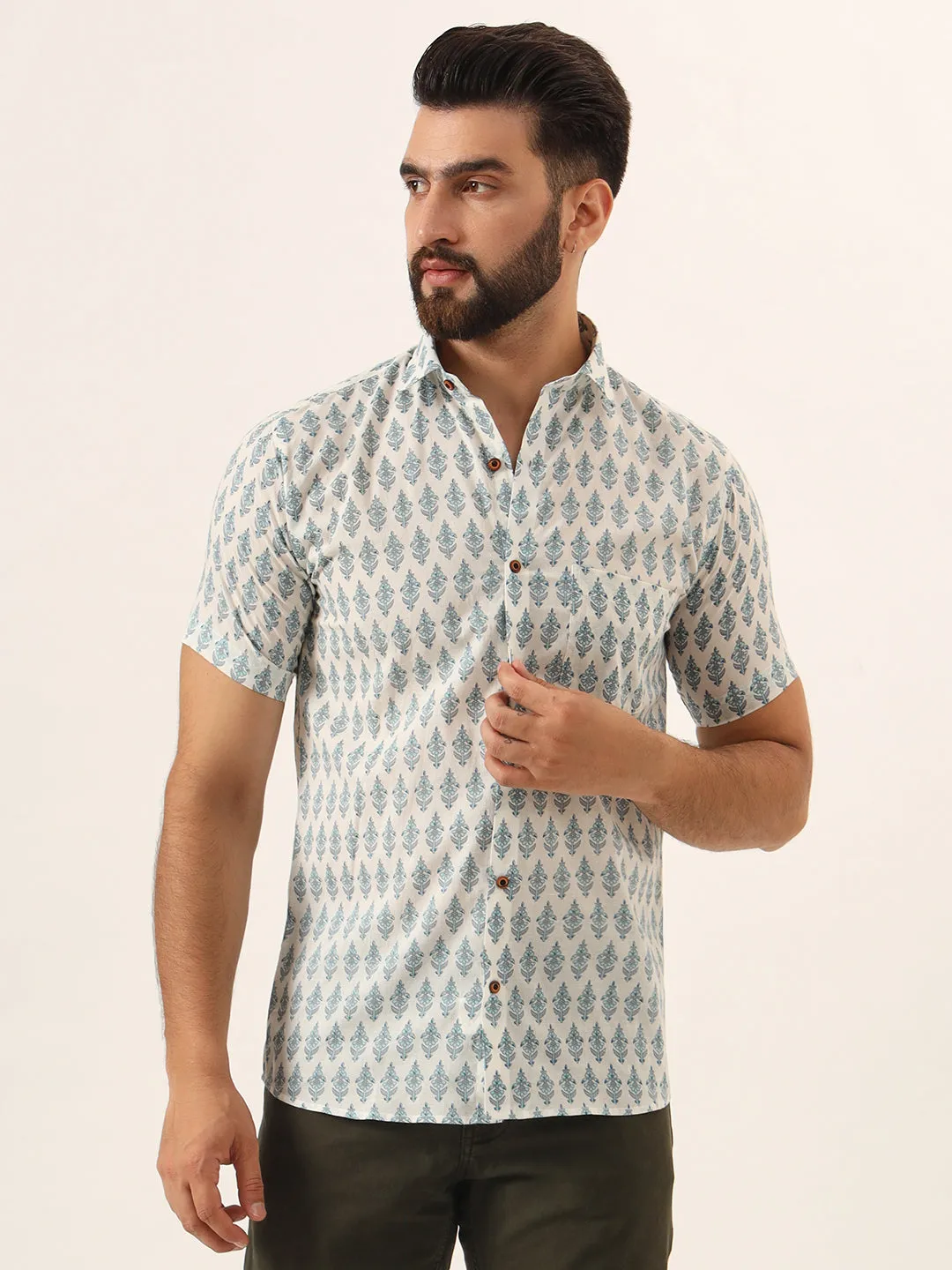 MILLENNIAL MEN Sky Blue Geometric Pure Cotton Regular Fit Casual Half Sleeve  for Men