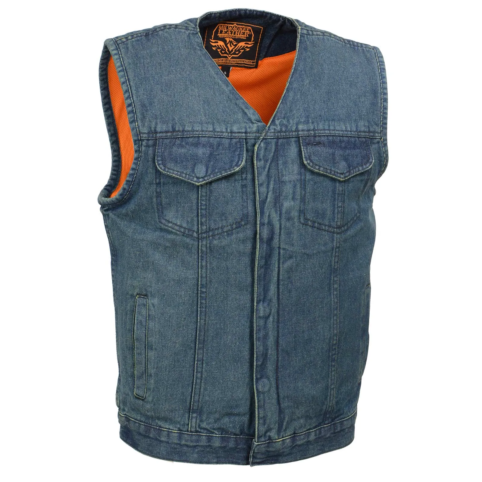 Milwaukee Leather MDM3012 Men's 'Brute' Concealed Snap Blue Denim V-Neck Club Style Vest w/ Hidden Zipper