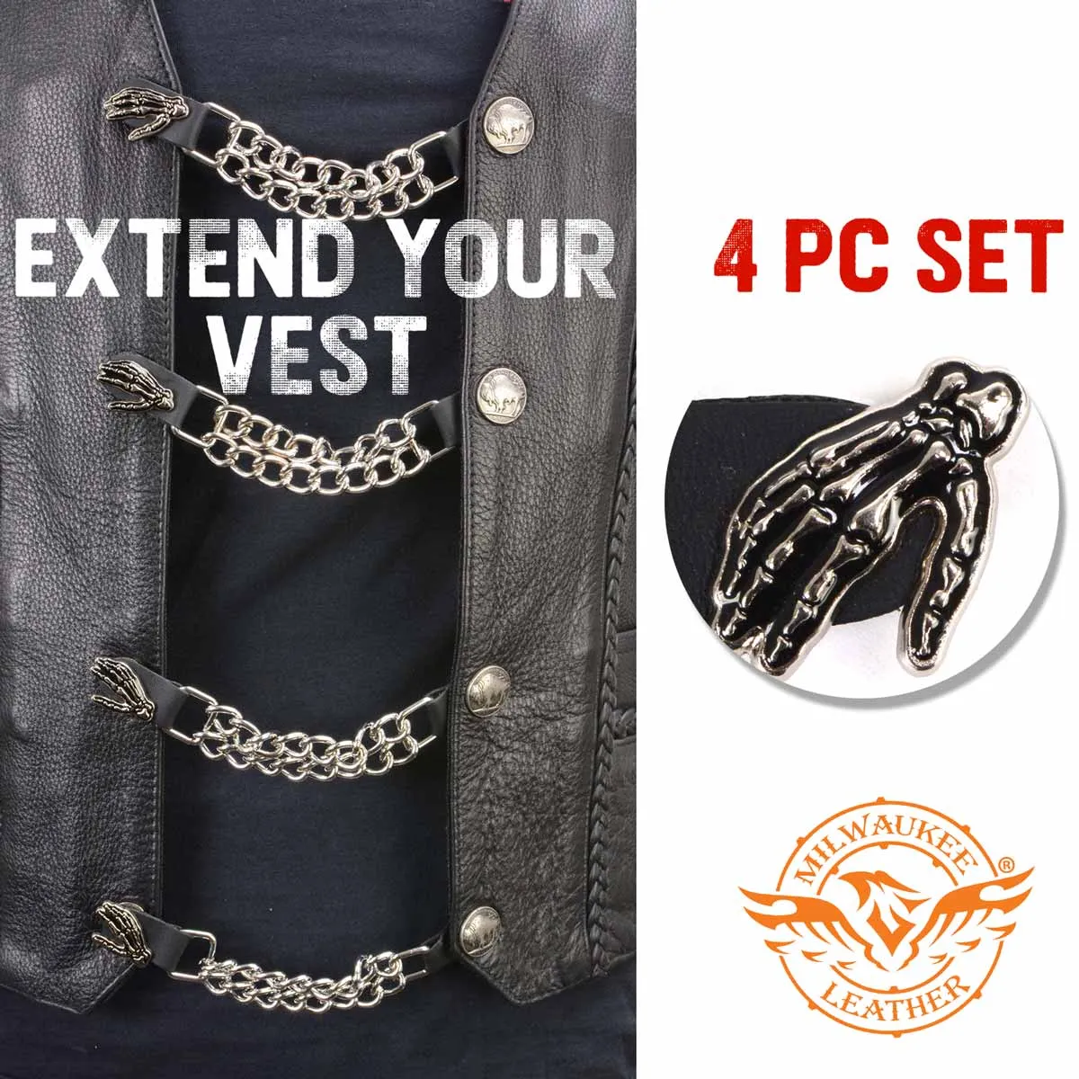 Milwaukee Leather Skeleton Hand Medallion Vest Extender - Double Chrome Chains Genuine Leather 6.5" Extension 4-PCS MLA6026SET