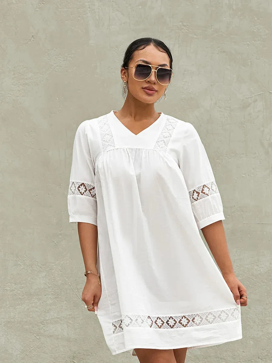 Mini Bohemian Half Sleeve V Neck Solid Color Flowy Tunic Casual Summer Dress