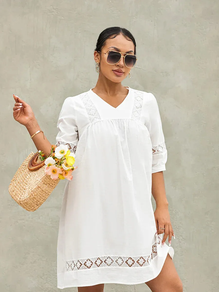 Mini Bohemian Half Sleeve V Neck Solid Color Flowy Tunic Casual Summer Dress