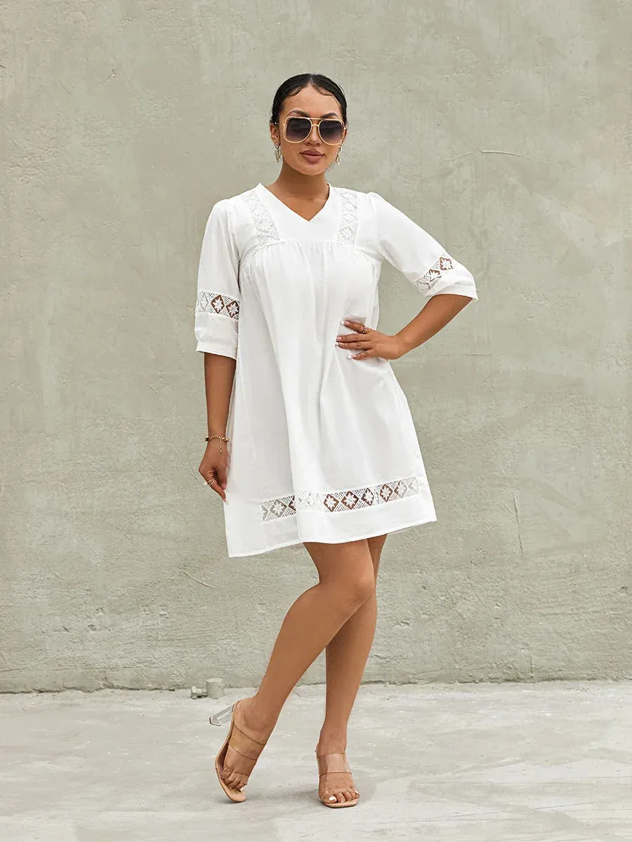 Mini Bohemian Half Sleeve V Neck Solid Color Flowy Tunic Casual Summer Dress