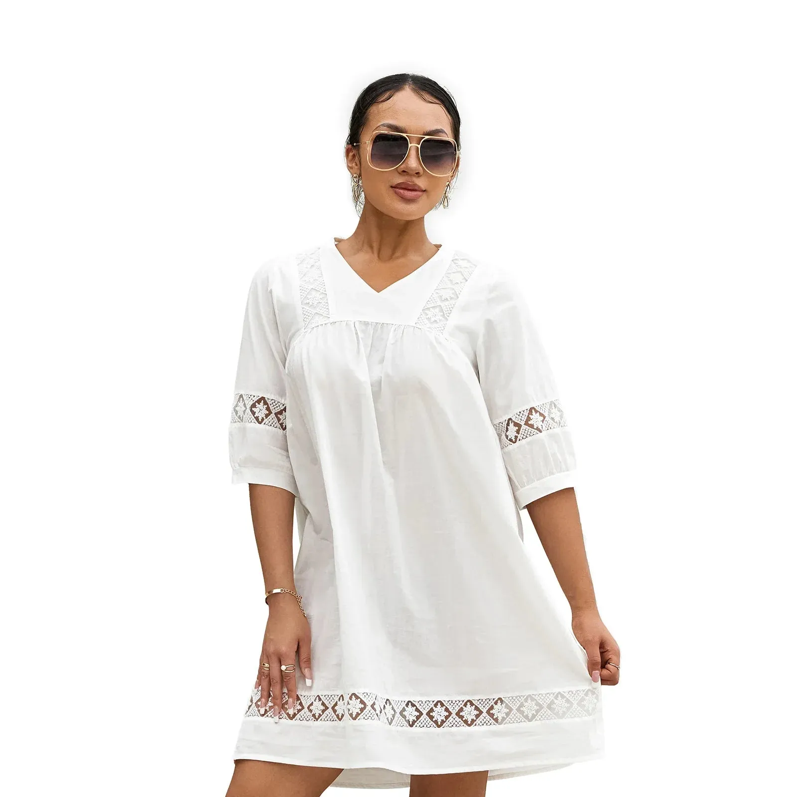 Mini Bohemian Half Sleeve V Neck Solid Color Flowy Tunic Casual Summer Dress