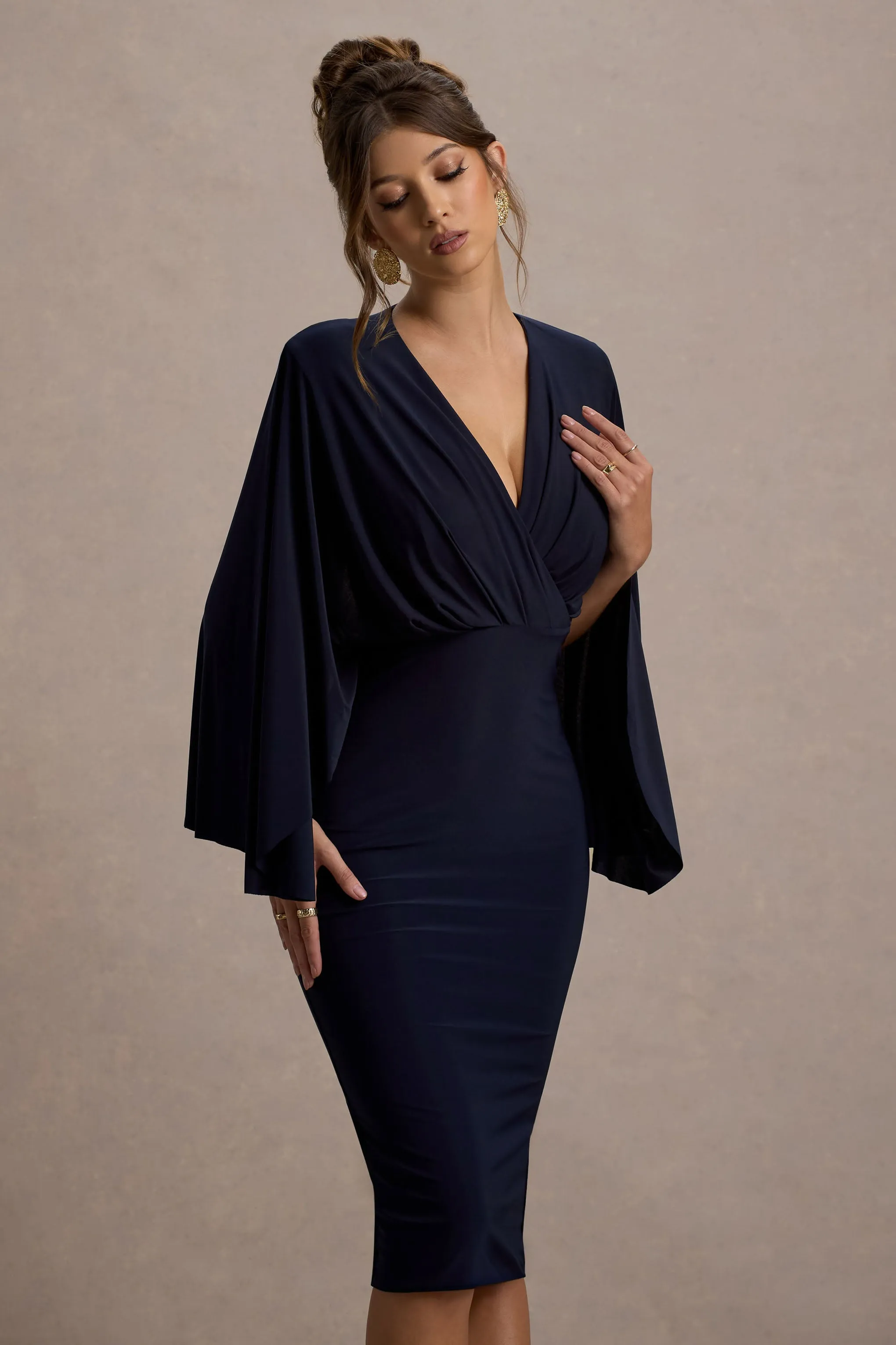 Mishka | Navy Plunge-Neck Cape Midi Dress