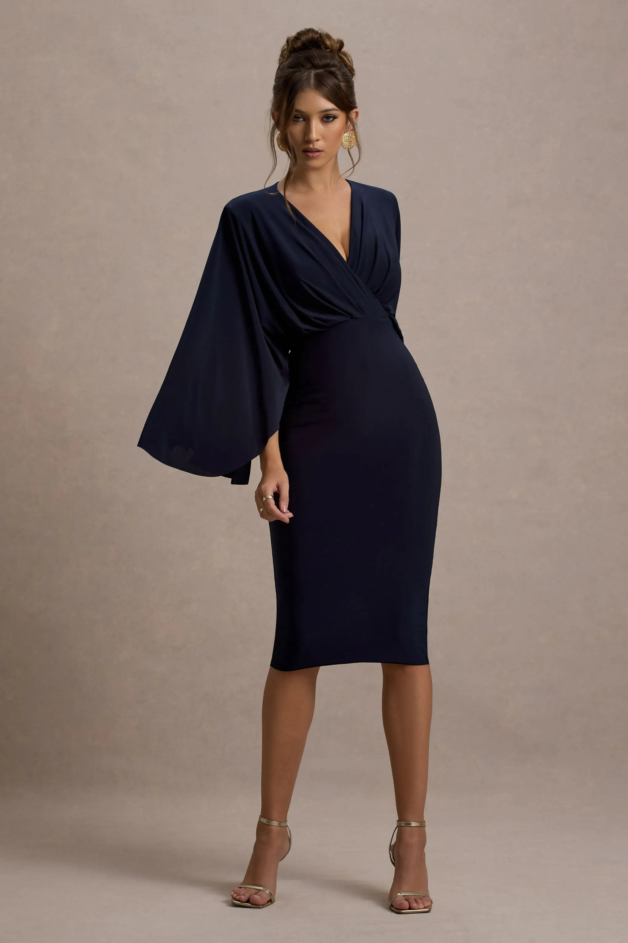 Mishka | Navy Plunge-Neck Cape Midi Dress