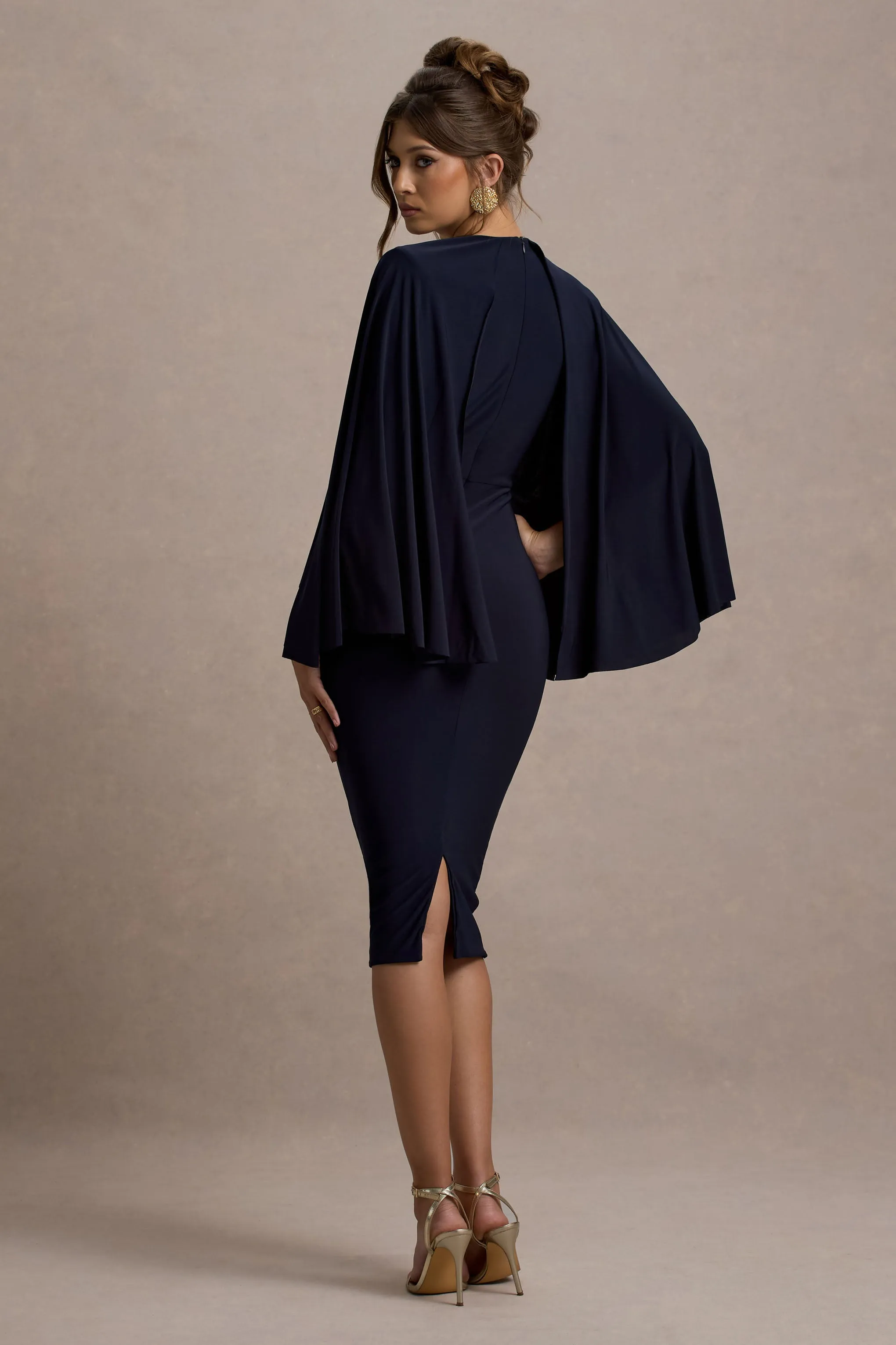 Mishka | Navy Plunge-Neck Cape Midi Dress